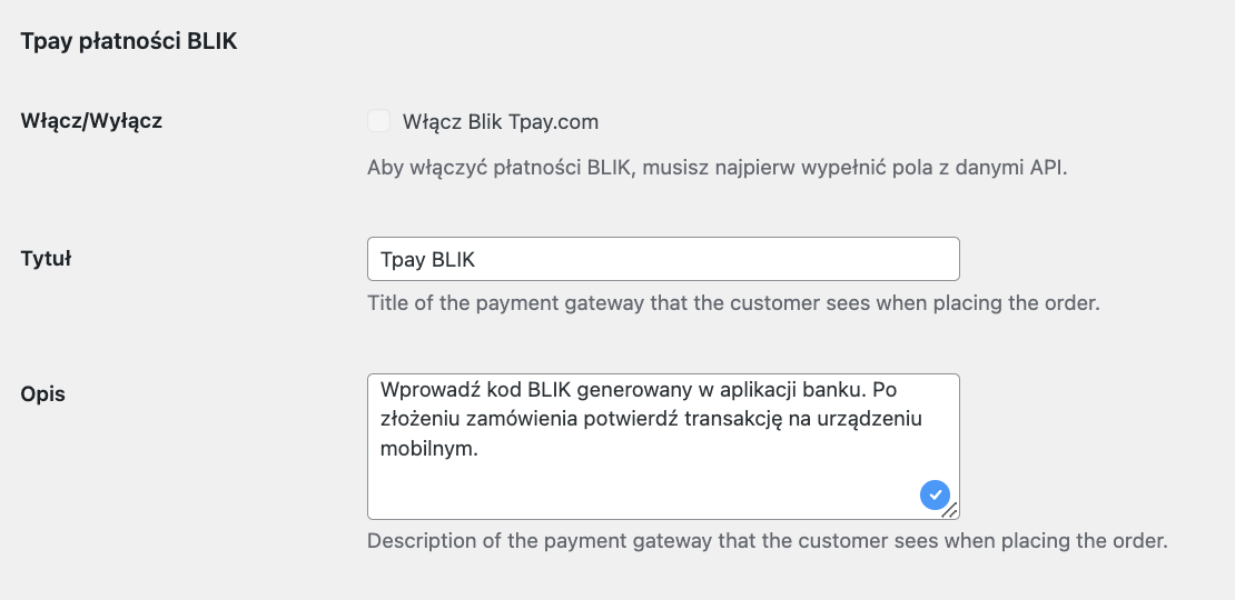Tpay Blik WooCommerce - ustawienia