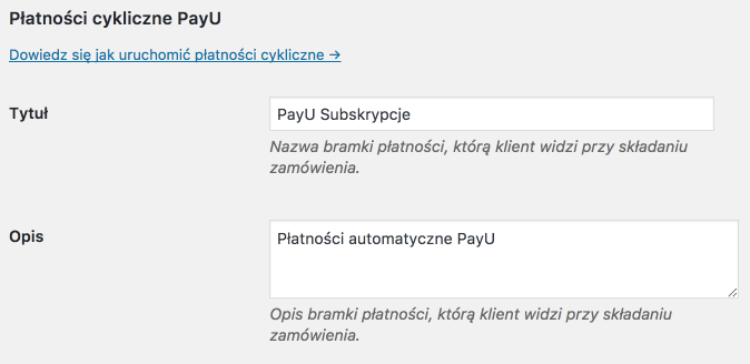 PayU WooCommerce - Ustawienia płatności cyklicznych