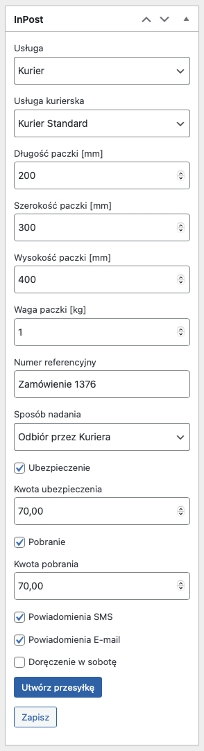 InPost WooCommerce - Metabox InPost na stronie szczegółów zamówienia - Kurier InPost