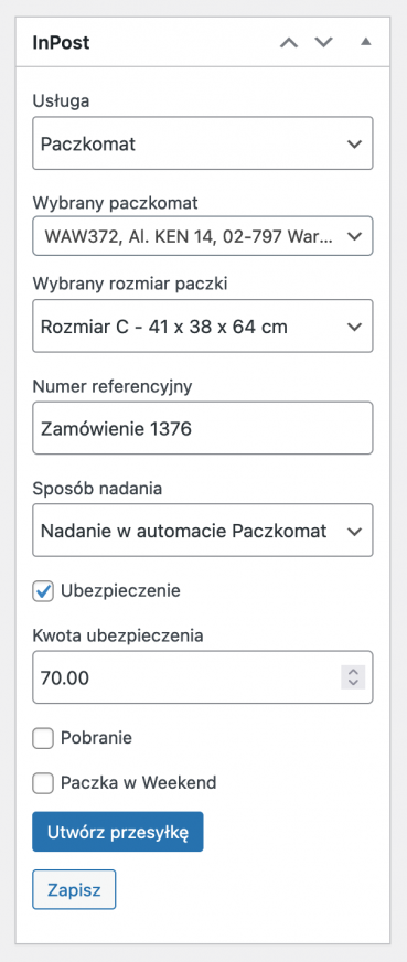 InPost WooCommerce - Metabox InPost na stronie szczegółów zamówienia - Paczkomat InPost