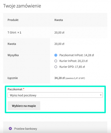 InPost WooCommerce - Miejsce wyświetlania opcji wyboru paczkomatu: W nowej sekcji pod podsumowaniem zamówienia