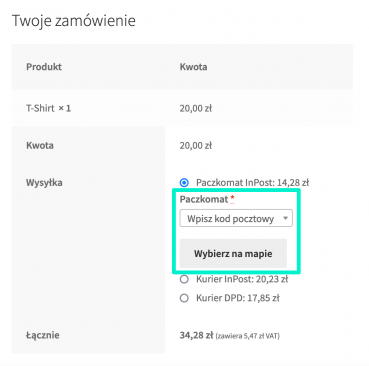 InPost WooCommerce - Miejsce wyświetlania opcji wyboru paczkomatu: Pod metodą wysyłki