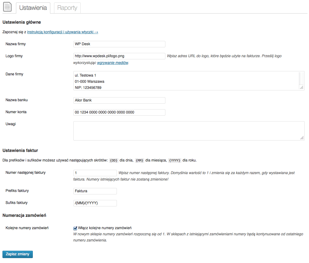 Podstawowe ustawienia wtyczki Faktury WooCommerce