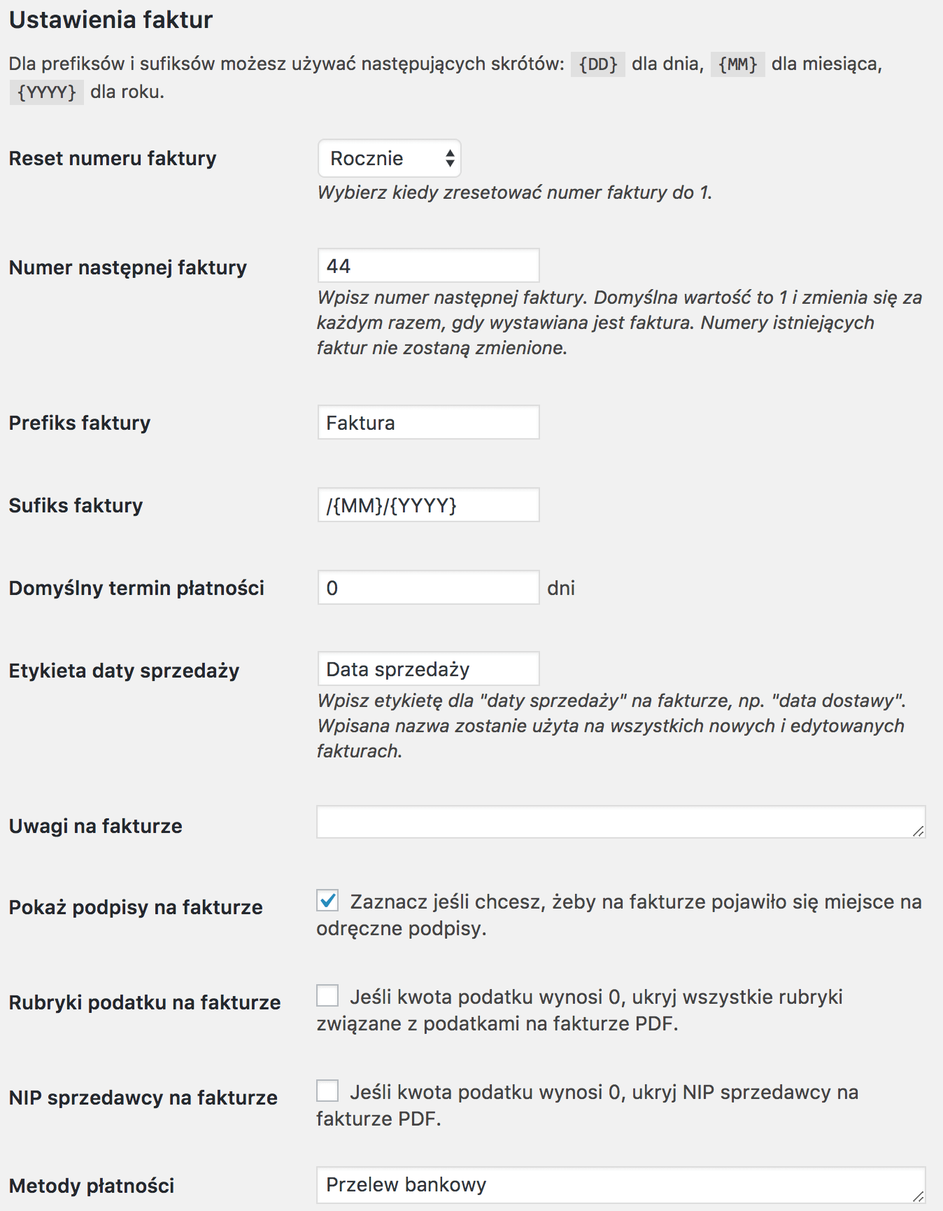 Faktury WordPress - Ustawienia faktur
