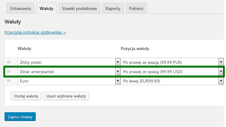 Faktury WordPress zmiana pozycji waluty