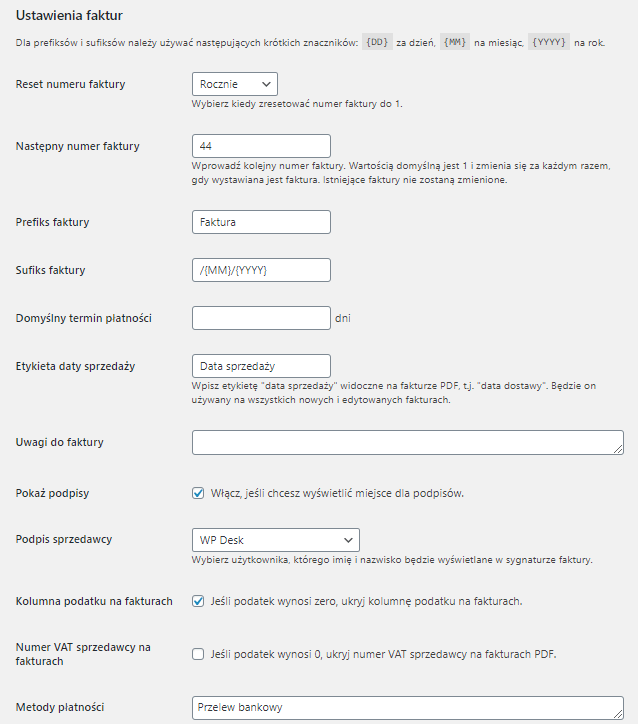 Faktury PDF WordPress - Ustawienia faktur