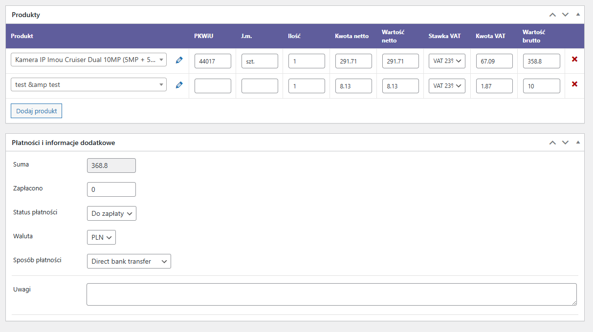Faktury WooCommerce - ręczne wystawianie faktur - produkty