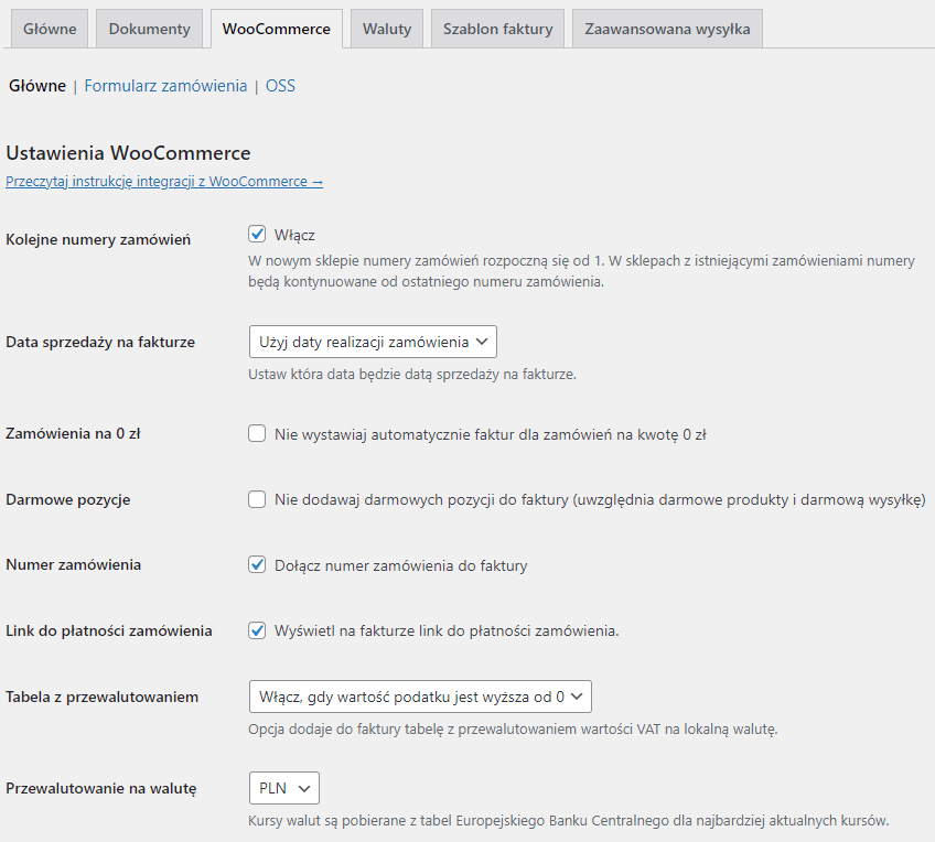 Faktury WooCommerce - ustawienia główne dla WooCommerce