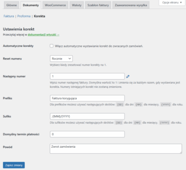Faktury WooCommerce ustawienia korekty