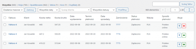 Widok listy faktur w Faktury WooCommerce