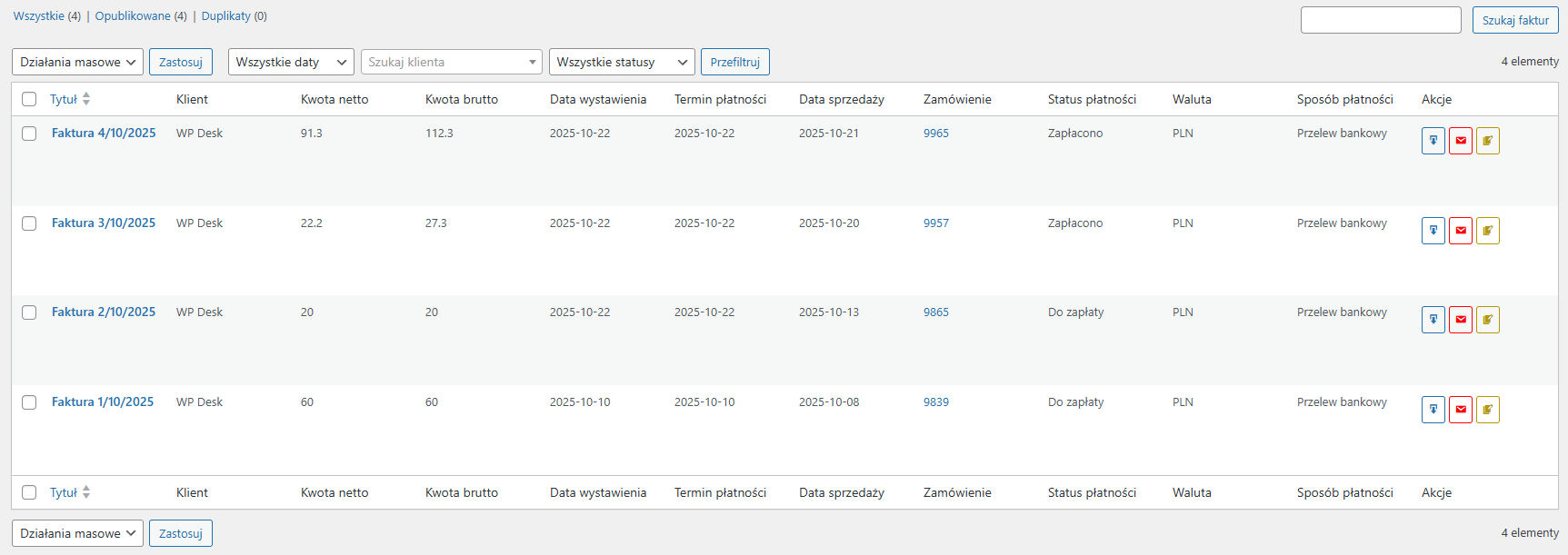 Widok listy faktur w Faktury WooCommerce