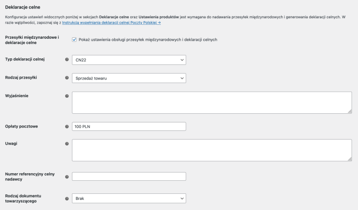 eNadawca WooCommerce - Ustawienia deklaracji celnych