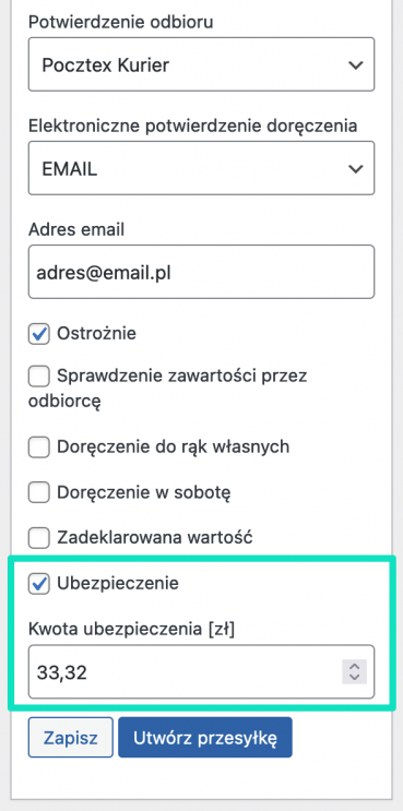 eNadawca WooCommerce - Własna kwota ubezpieczenia przesyłki