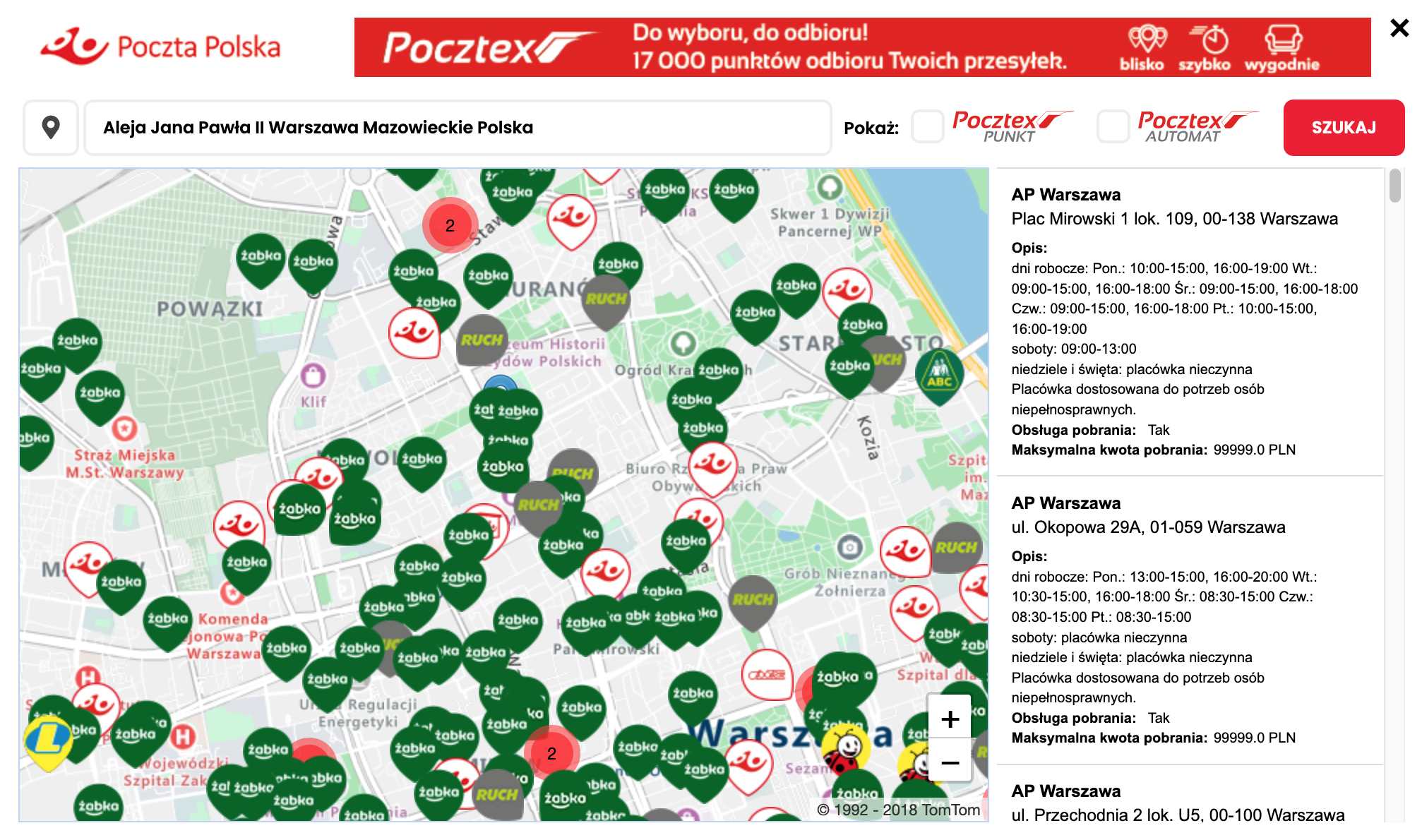 eNadawca Poczta Polska - Mapa punktów odbioru
