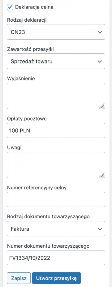eNadawca WooCommerce - Metabox Poczta Polska - Pola deklaracji celnej