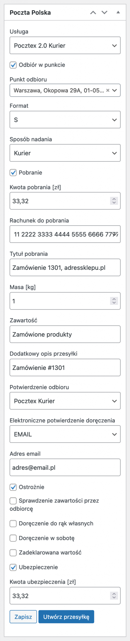 eNadawca WooCommerce - Metabox nadawania przesyłek