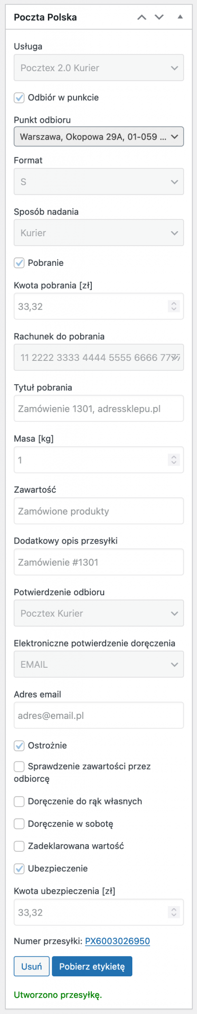 eNadawca WooCommerce - Utworzona przesyłka