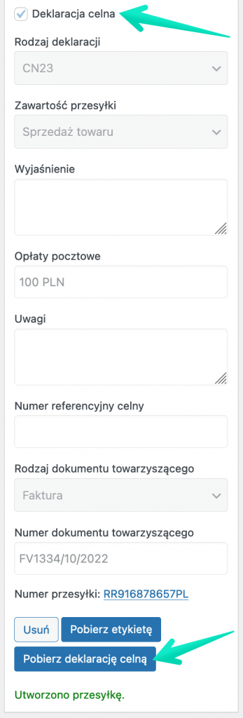 eNadawca WooCommerce - Wygenerowana przesyłka z deklaracją celną