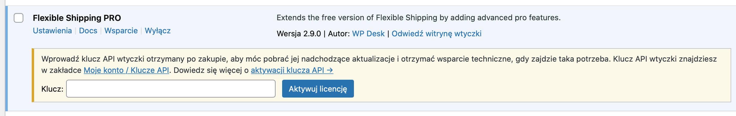 Aktywacja klucza API lista wtyczek