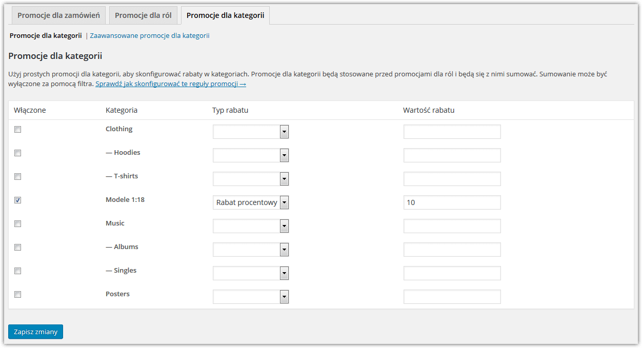 Ustawienia prostych promocji dla kategorii