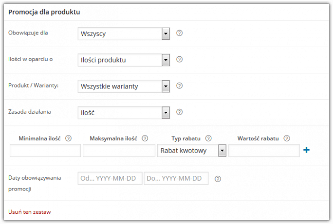 Ustawienia reguły dla produktu