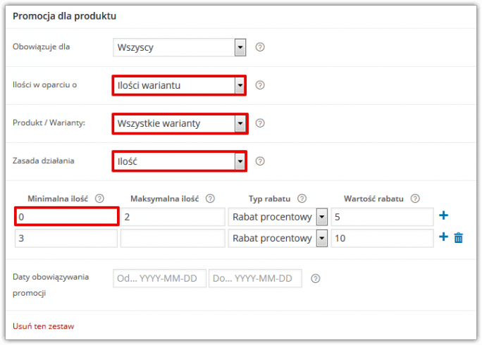 Przykład zastosowania reguły ilościowej dla produktu