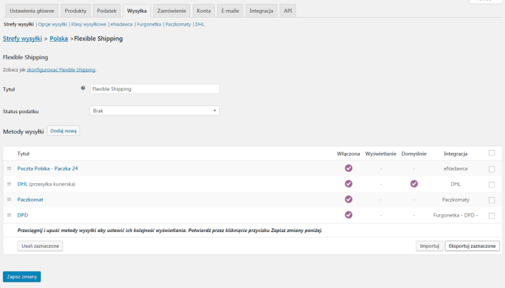 Widok konfiguracji metod wysyłki we Flexible Shipping