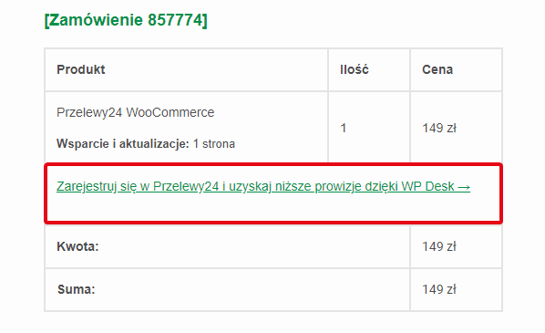 Przelewy24 WooCommerce - Niższe prowizje - widok w mailu dla zamówienia WP Desk