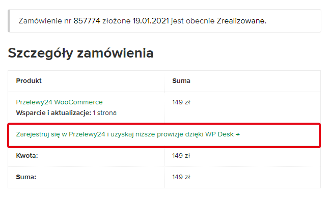 Przelewy24 WooCommerce- Niższe prowizje - widok w zamówieniu WP Desk