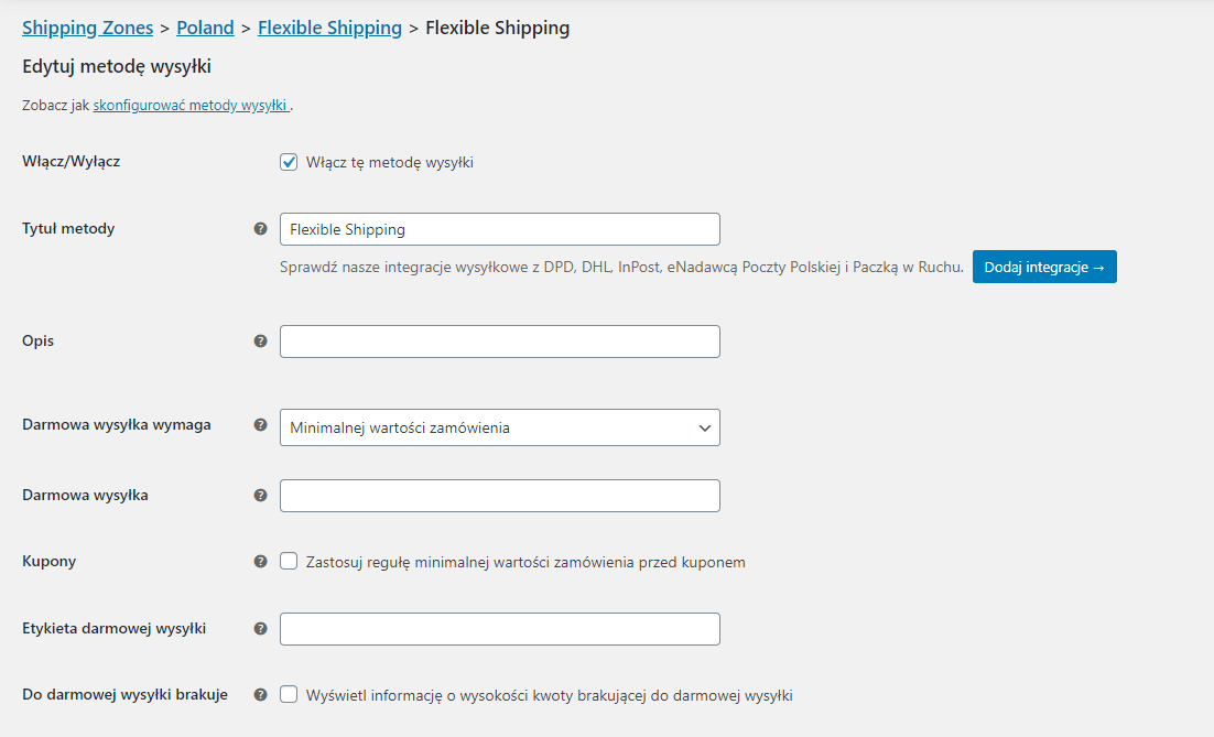 Flexible Shipping - ustawienia metody wysyłki WooCommerce