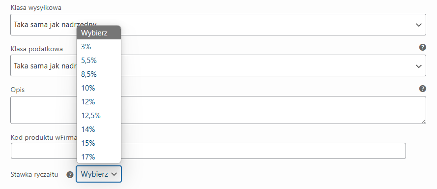 Oddzielna stawka ryczałtu wFirma dla wariantu produktu WooCommerce