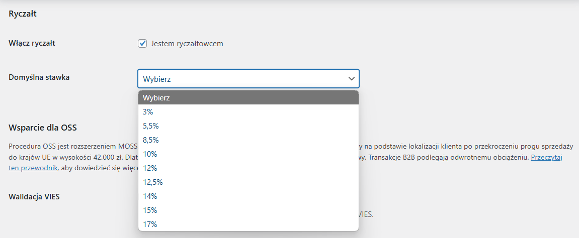 Ryczałt - domyślna stawka - ustawienia wtyczka wFirma WooCommerce