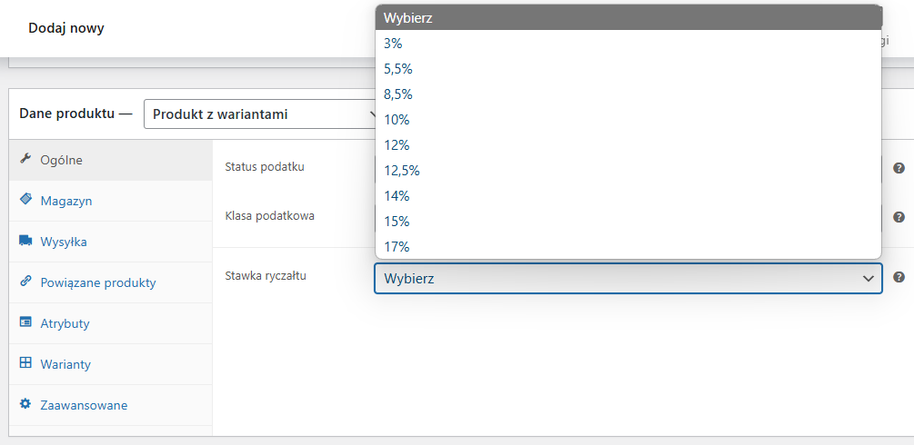 Stawki ryczałtu wFirma dla wariantów produktu WooCommerce