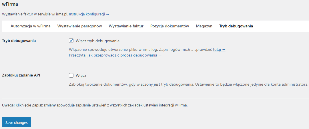 wFirma - tryb debugowania