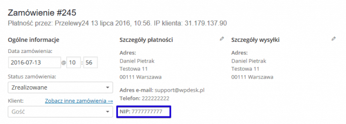 Widok pola NIP w zamówieniu Woo