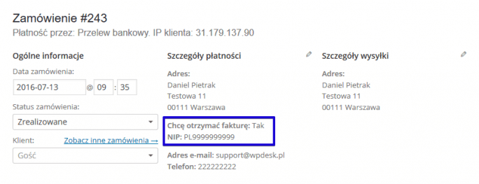 Pole NIP w zamówieniu WooCommerce