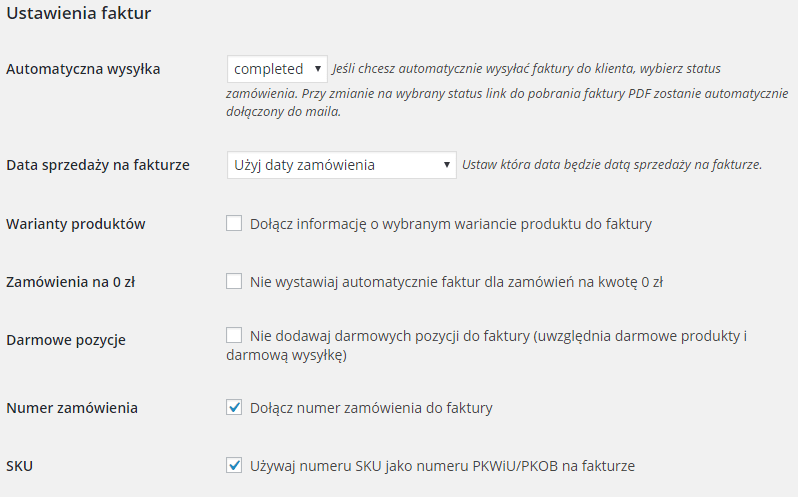 Faktury WooCommerce - ustawienia