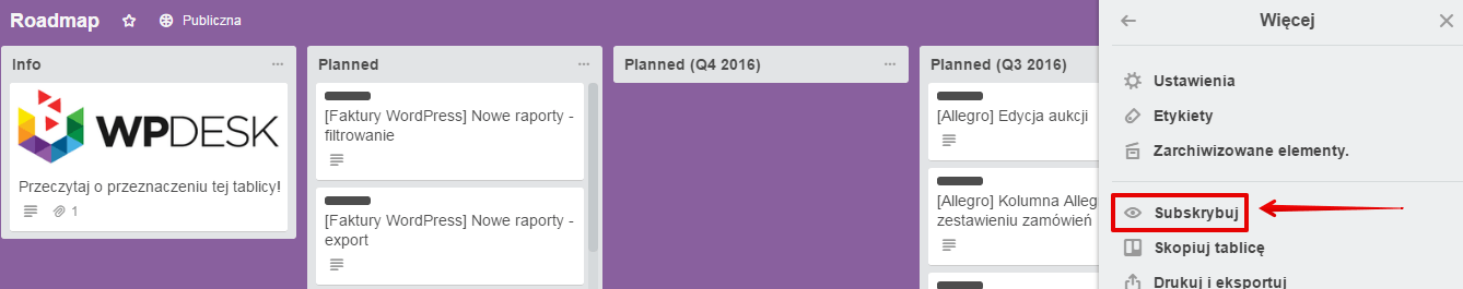 Subskrypcja tablicy Trello