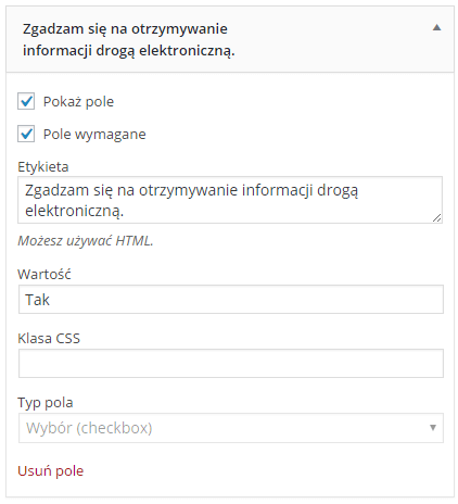 Konfiguracja dodatkowych checkboksów