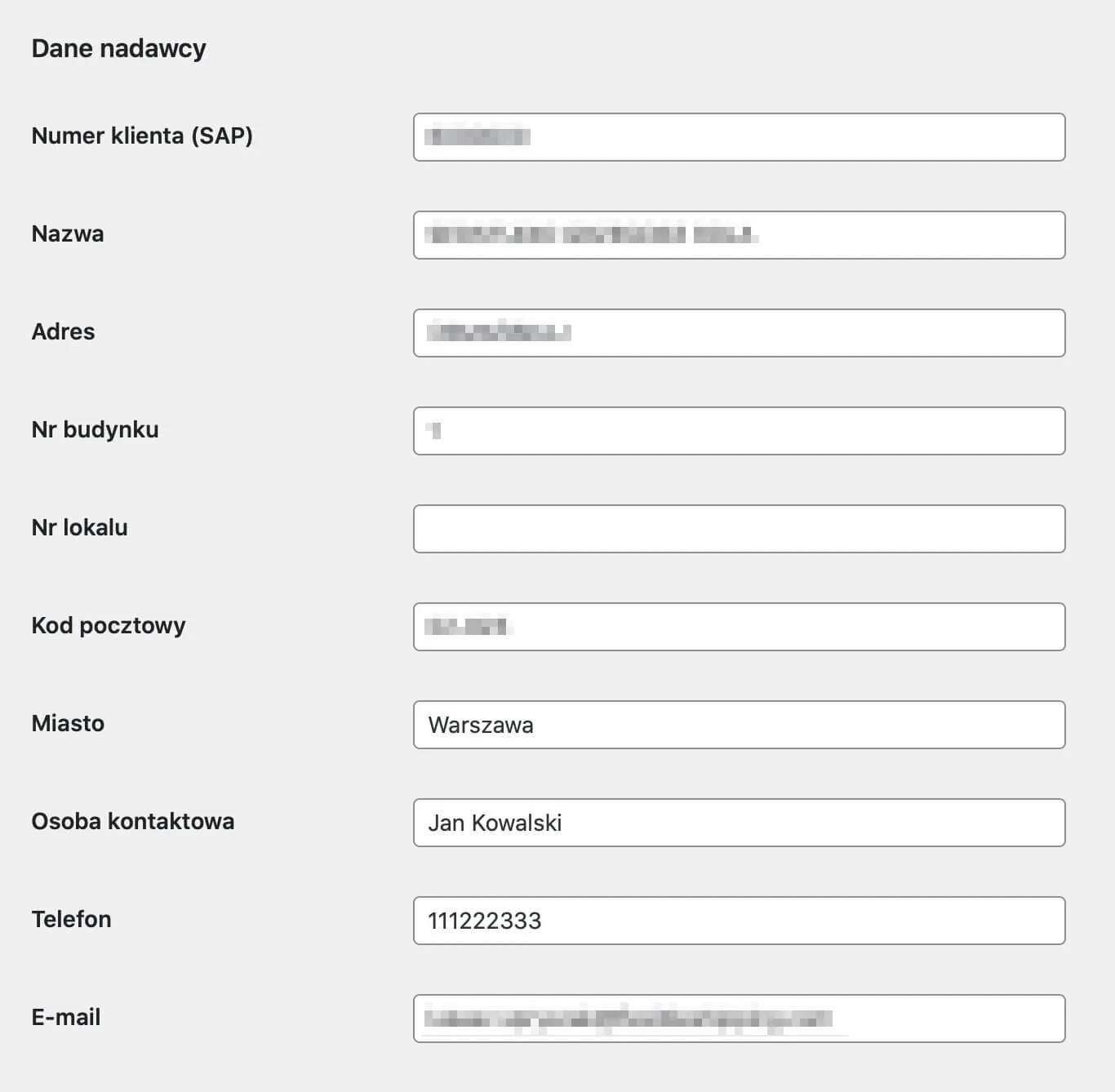 DHL WooCommerce - Ustawienia główne - Dane nadawcy