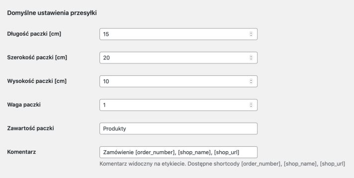 DHL WooCommerce - Ustawienia główne - Domyślne ustawienia przesyłki