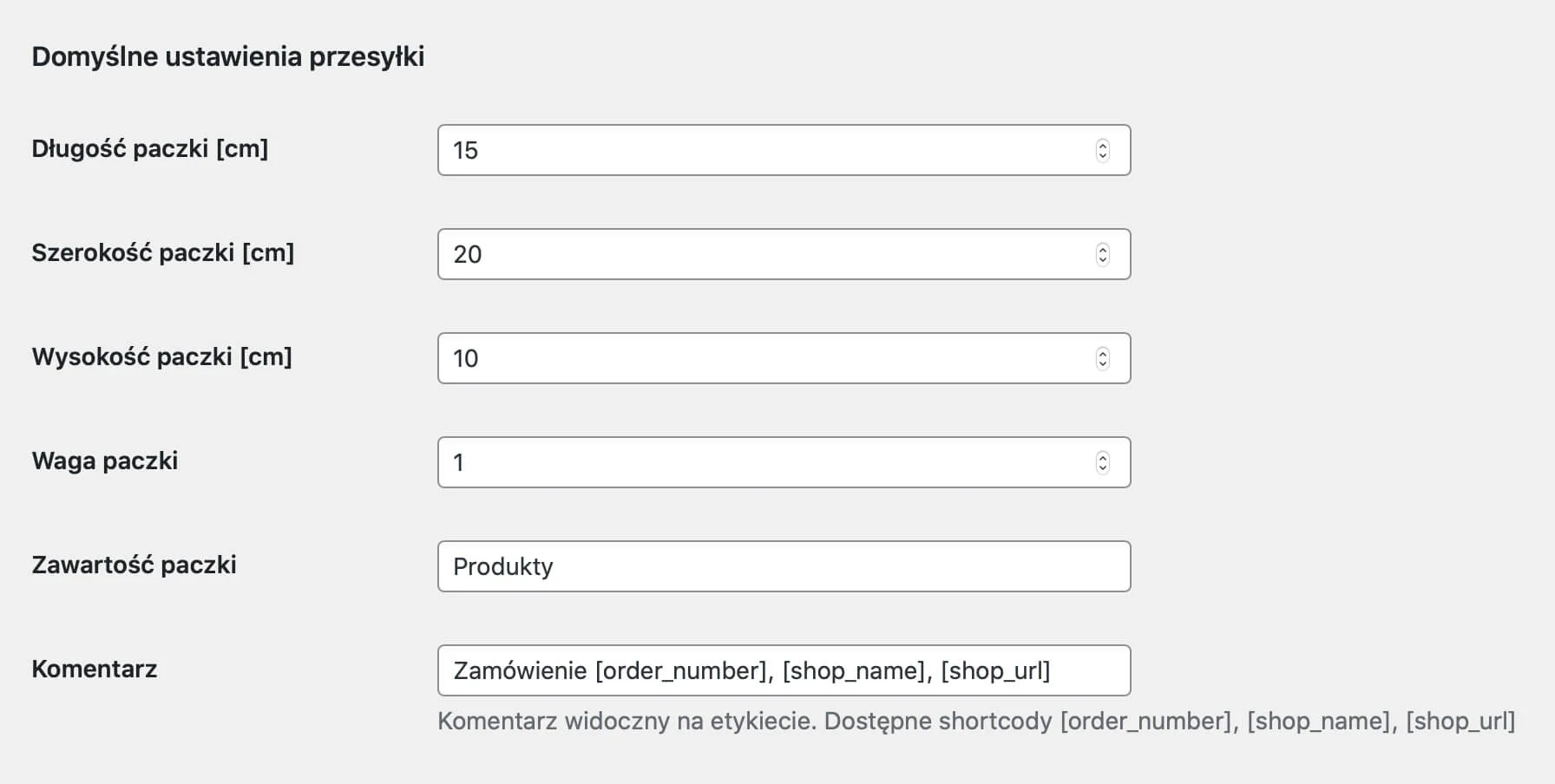 DHL WooCommerce - Ustawienia główne - Domyślne ustawienia przesyłki