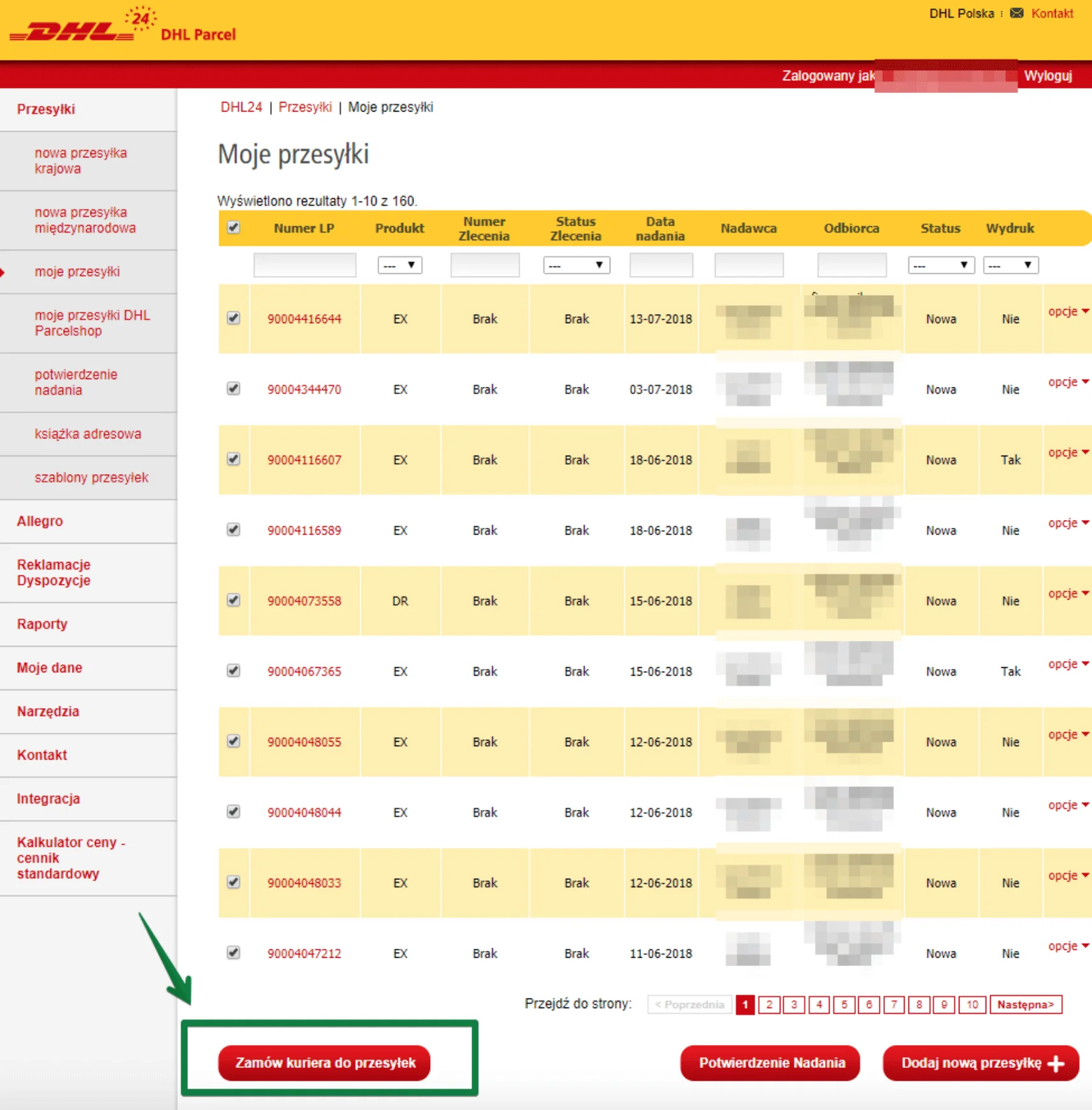 DHL WooCommerce - Zlecenie odbioru przesyłek przez kuriera