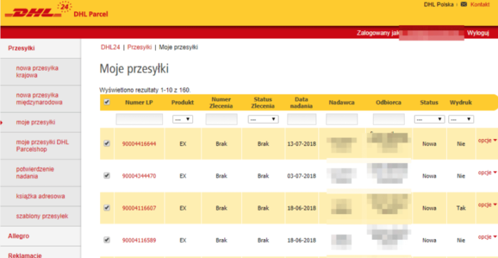 Widok przesyłek w DHL