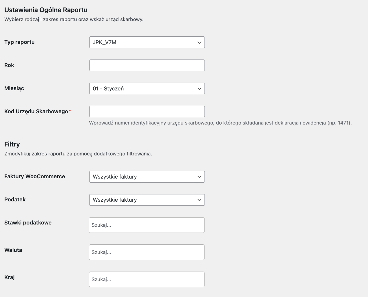 JPK - ustawienia formularza VAT7