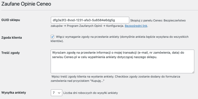 Panel ustawień we wtyczce Ceneo Zaufane Opinie