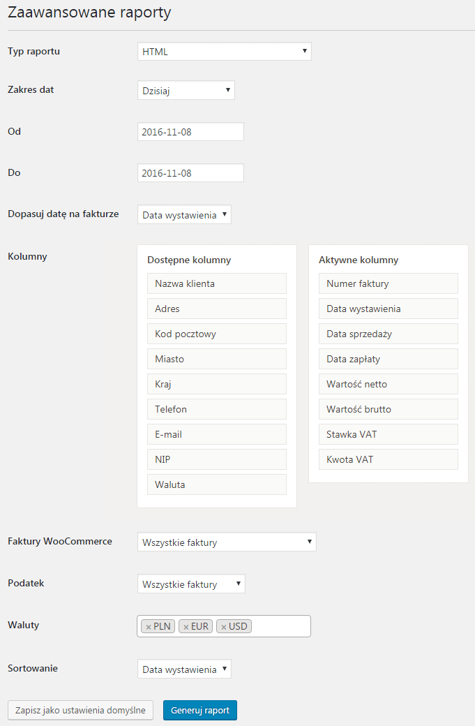 Faktury WordPress Zaawansowane Raporty - Ustawienia