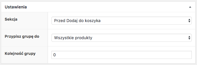 WooCommerce Flexible Product Fields - ustawienia grupy pól
