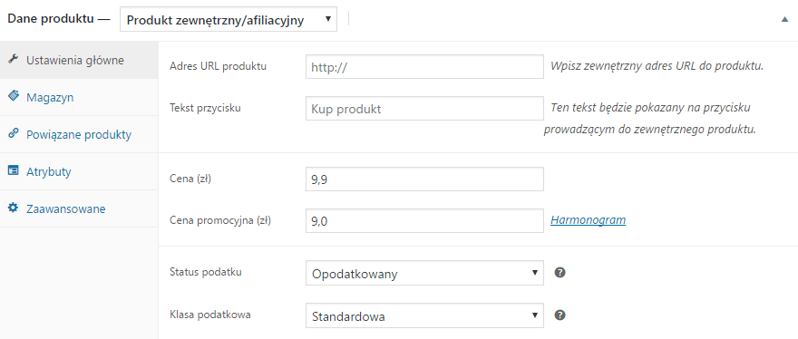 Produkt zewnętrzny WooCommerce - ustawienia główne