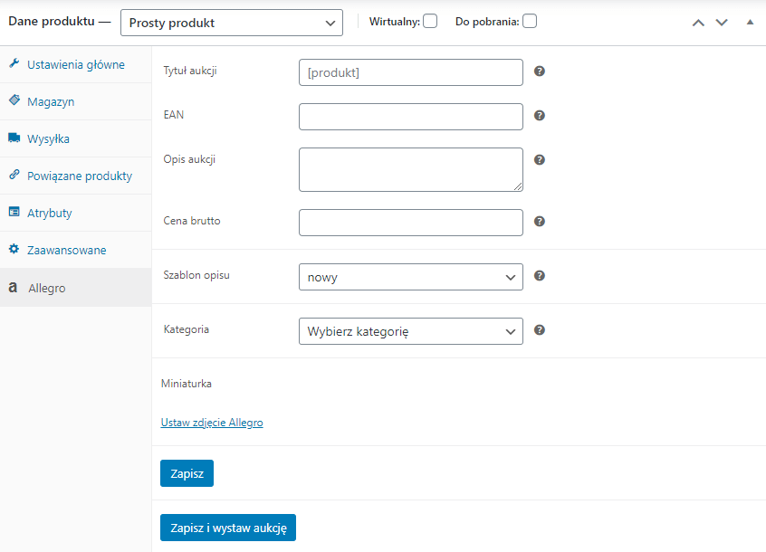 Allegro WooCommerce - ustawienia dla produktu